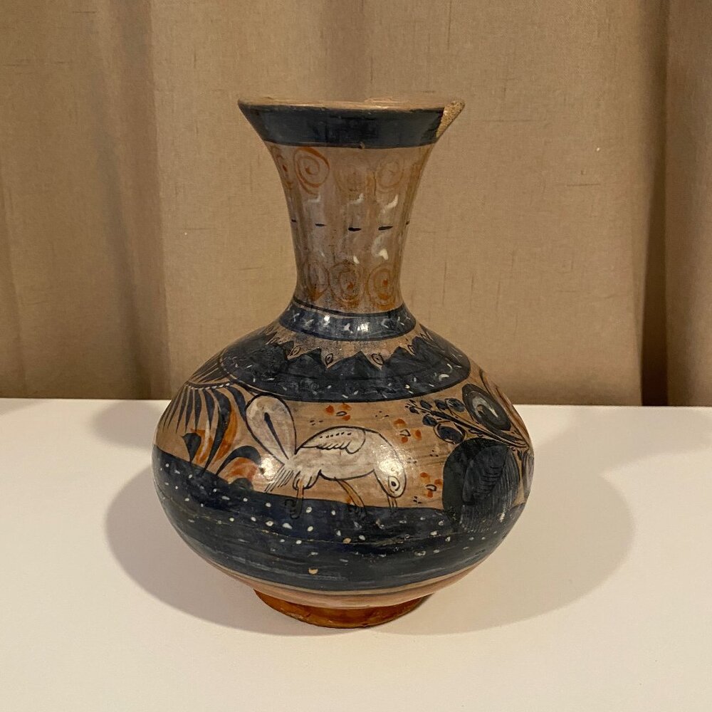 Vintage Tonala Mexican Pottery Vase - Hand-Painted Bird &‎ Floral, 7.5”x7”